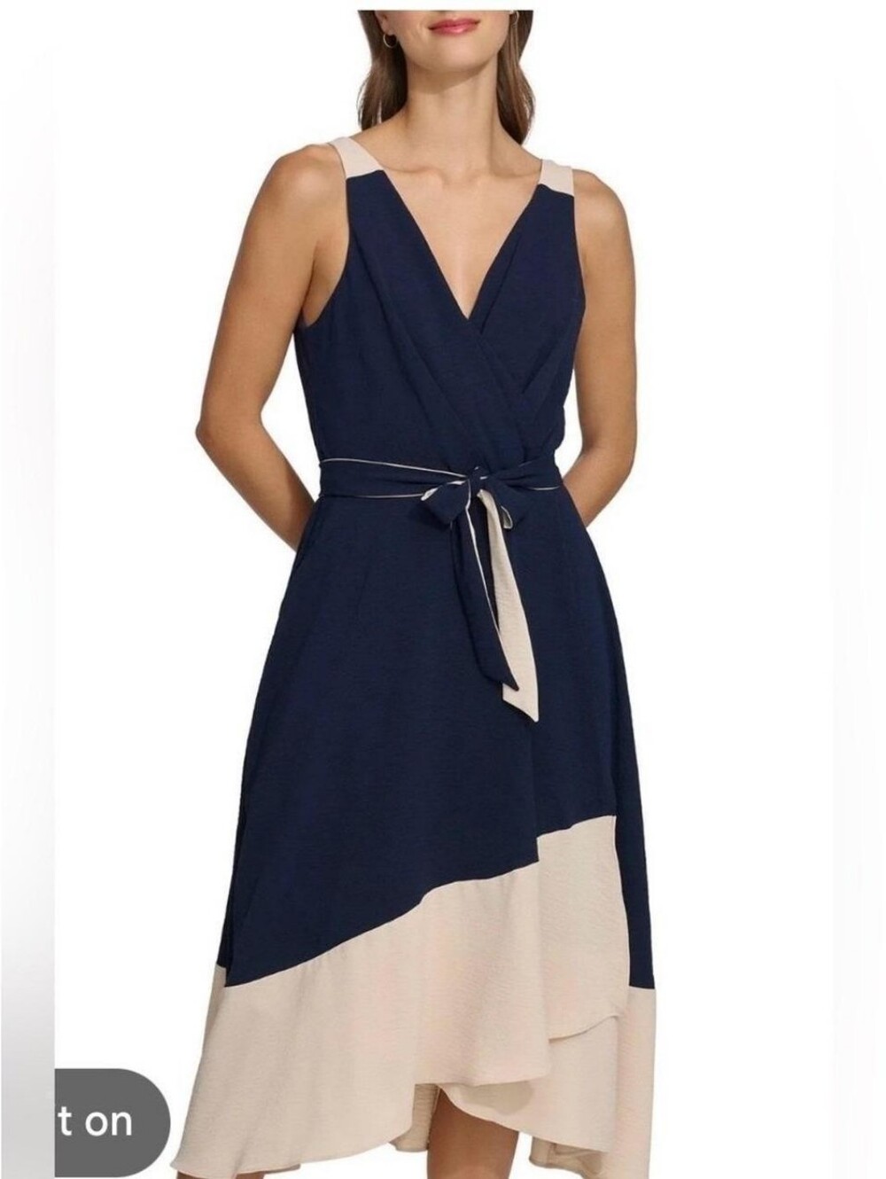 Navy and Cream High-Low Wrap Dress with Tie Waist